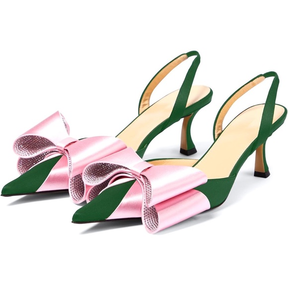 Pointed Toe Slingback Kitten Heels Slip On Two Toned Closed Toe Pumps Satin - Picture 1 of 6